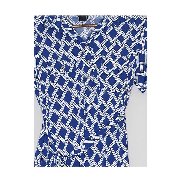 EnFocus Studio Blue & White Geometric print Soft pull over V neck Dress Size 10 - Picture 3 of 7